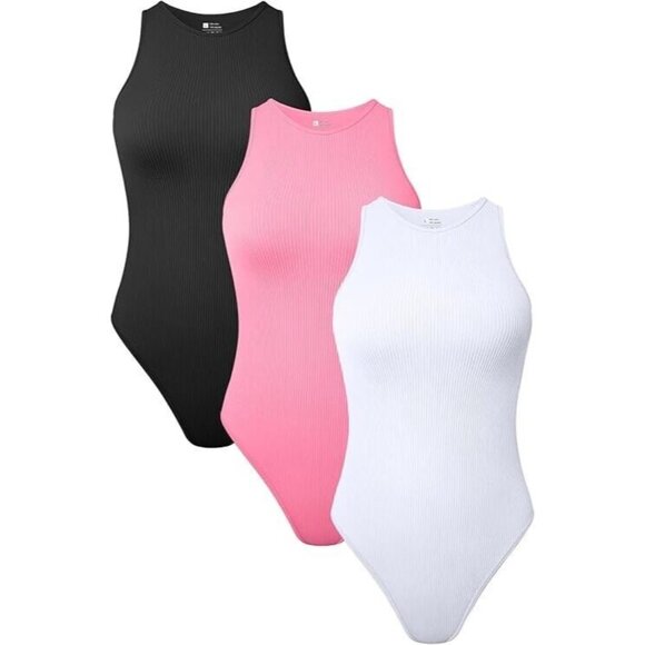 Women'S 3 Piece Bodysuits Sexy Ribbed Sleeveless Halter Neck Shapewear Bodysuits - Picture 1 of 3